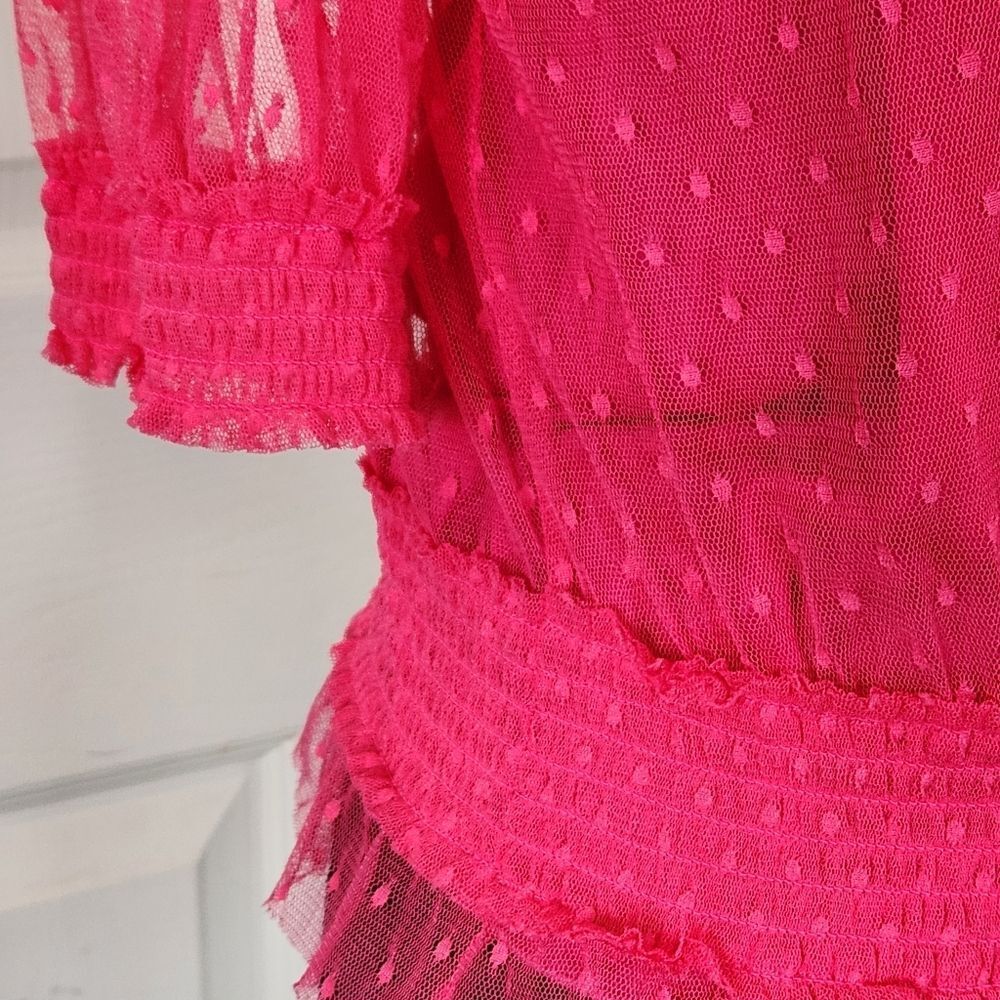 Semi Sheer Polka-Dot Tulle Blouse/Tank HOT PINK Feminine Romantic 90s Y2K - Picture 7 of 10